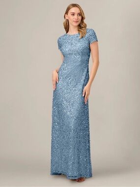beaded chiffon blouson dress in mist by adrianna papell Adrianna Papell Sleeveless Blouson Mermaid Gown With Beading